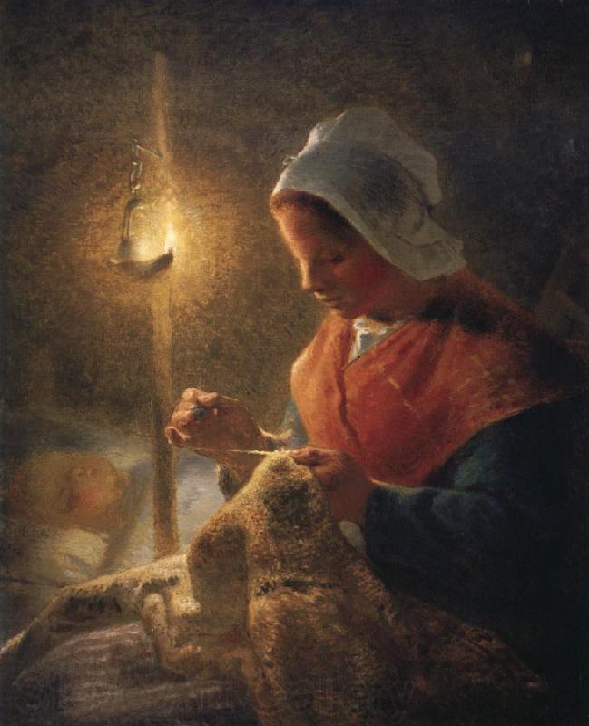 Jean Francois Millet Woman sewing by lamplight Norge oil painting art